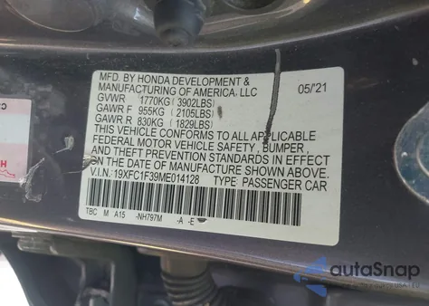 2021 Honda Civic Ex из США, поврежденный, VIN 19XFC1F39ME014128